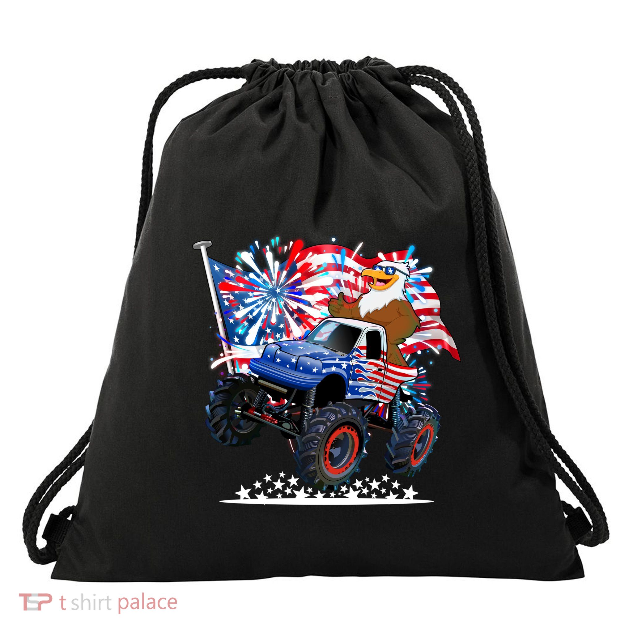Funny American Usa Flag Eagle Monster Truck Drawstring Bag