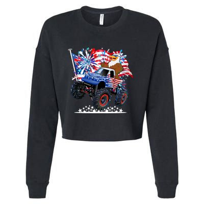 Funny American Usa Flag Eagle Monster Truck Cropped Pullover Crew