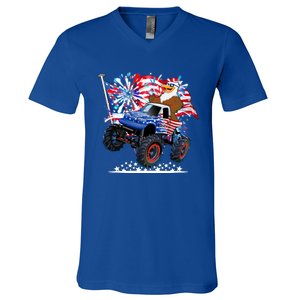 Funny American Usa Flag Eagle Monster Truck V-Neck T-Shirt