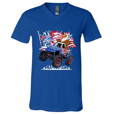 Funny American Usa Flag Eagle Monster Truck V-Neck T-Shirt