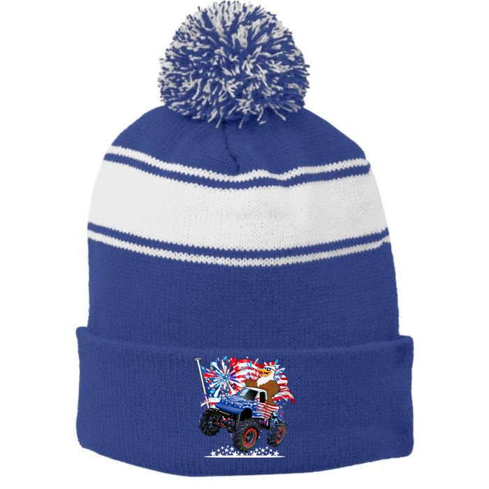 Funny American Usa Flag Eagle Monster Truck Stripe Pom Pom Beanie