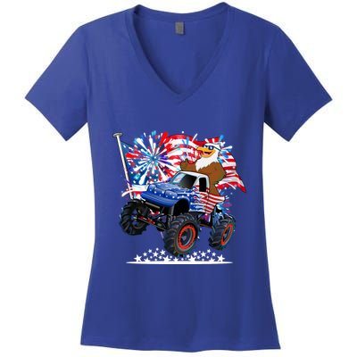Funny American Usa Flag Eagle Monster Truck Women's V-Neck T-Shirt
