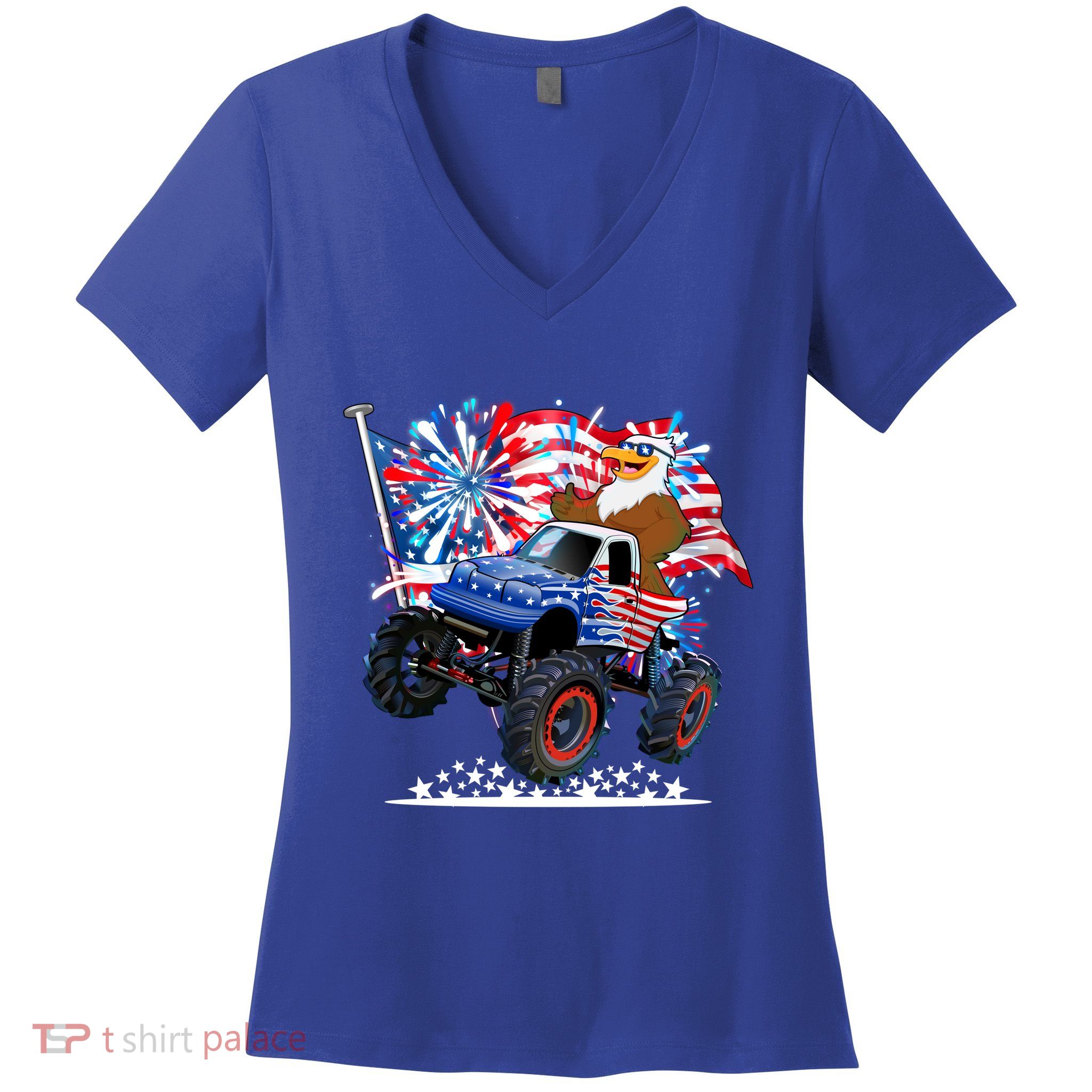 Funny American Usa Flag Eagle Monster Truck Women's V-Neck T-Shirt