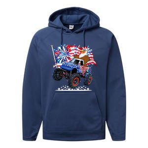 Funny American Usa Flag Eagle Monster Truck Performance Fleece Hoodie