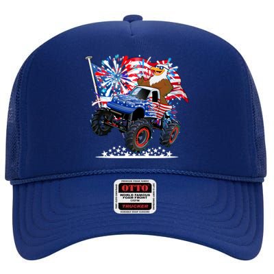 Funny American Usa Flag Eagle Monster Truck High Crown Mesh Back Trucker Hat