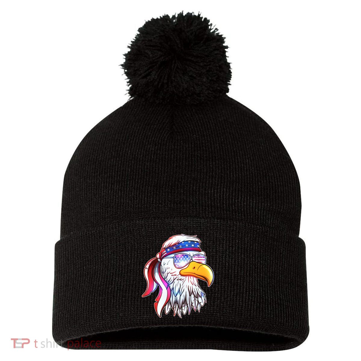 Funny American USA Flag Bandana Eagle Pom Pom 12in Knit Beanie