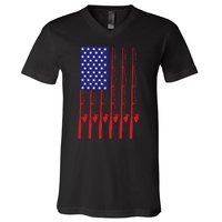 Fishing American USA Flag For Bass Fisherman Gifts Daddy V-Neck T-Shirt