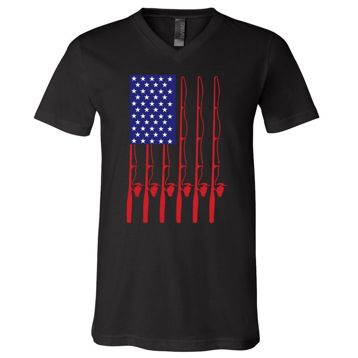 Fishing American USA Flag For Bass Fisherman Gifts Daddy V-Neck T-Shirt