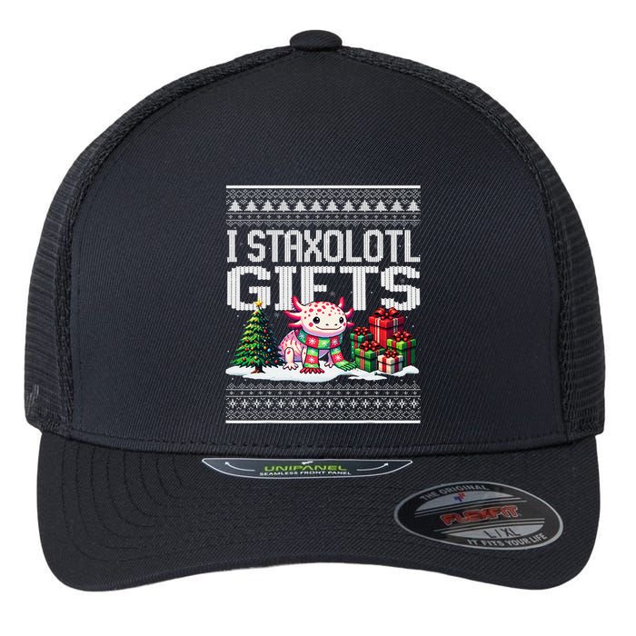Funny Axolotl Ugly Christmas Sweater Stacks Axolotl Presents Flexfit Unipanel Trucker Cap