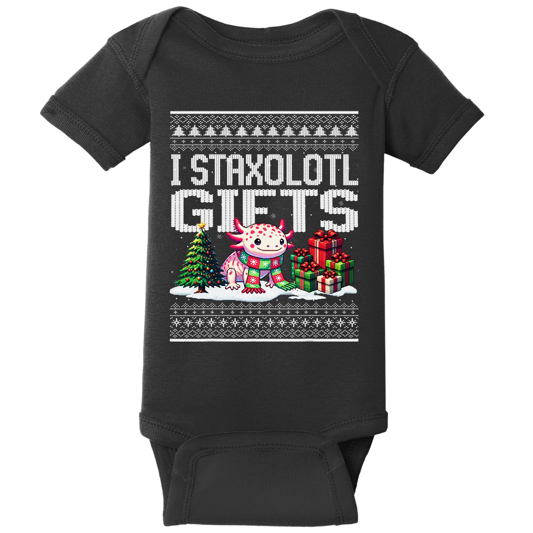 Funny Axolotl Ugly Christmas Sweater Stacks Axolotl Presents Baby Bodysuit