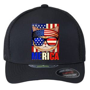 Funny American USA Flag Merica Cat Flexfit Unipanel Trucker Cap