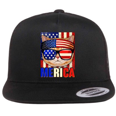 Funny American USA Flag Merica Cat Flatbill Hat