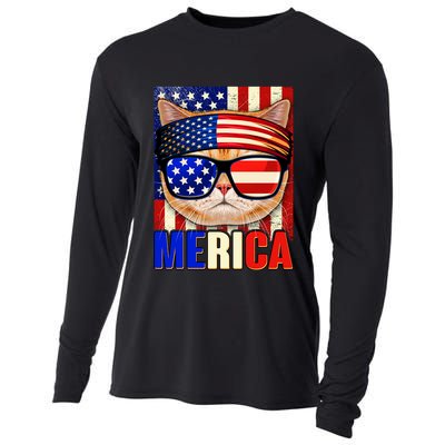 Funny American USA Flag Merica Cat Cooling Performance Long Sleeve Crew