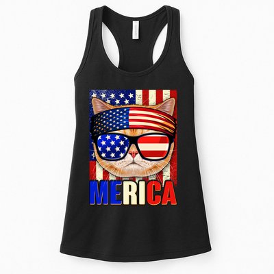 Funny American USA Flag Merica Cat Womens Tank Top