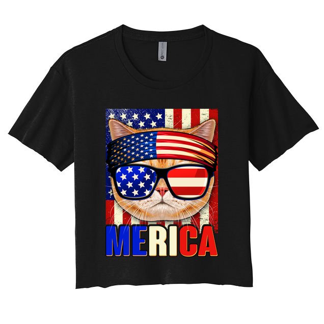 Funny American USA Flag Merica Cat Crop Top