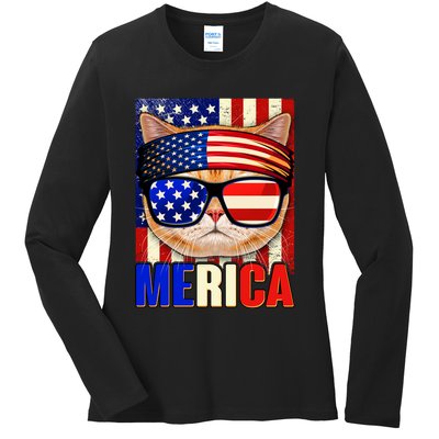 Funny American USA Flag Merica Cat Ladies Long Sleeve Shirt