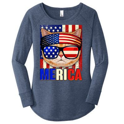 Funny American USA Flag Merica Cat Women's Perfect Tri Tunic Long Sleeve Shirt