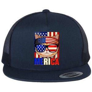 Funny American USA Flag Merica Cat Flat Bill Trucker Hat