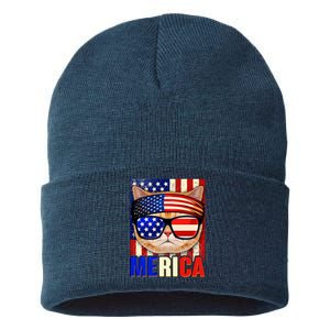 Funny American USA Flag Merica Cat Sustainable Knit Beanie