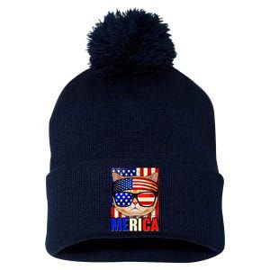 Funny American USA Flag Merica Cat Pom Pom 12in Knit Beanie