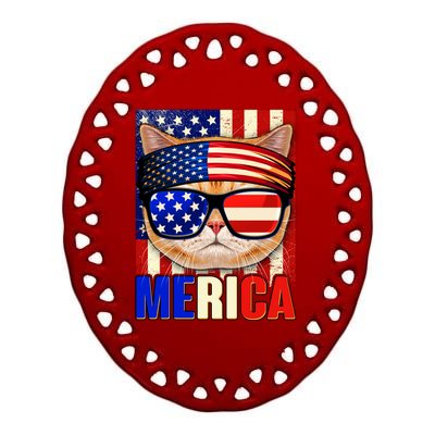 Funny American USA Flag Merica Cat Ceramic Oval Ornament