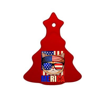 Funny American USA Flag Merica Cat Ceramic Tree Ornament