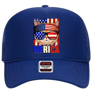 Funny American USA Flag Merica Cat High Crown Mesh Back Trucker Hat