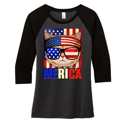 Funny American USA Flag Merica Cat Women's Tri-Blend 3/4-Sleeve Raglan Shirt