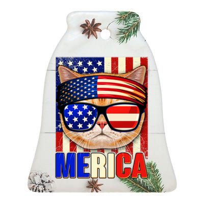 Funny American USA Flag Merica Cat Ceramic Bell Ornament