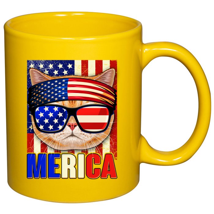 Funny American USA Flag Merica Cat 11oz C Handle Ceramic Mug
