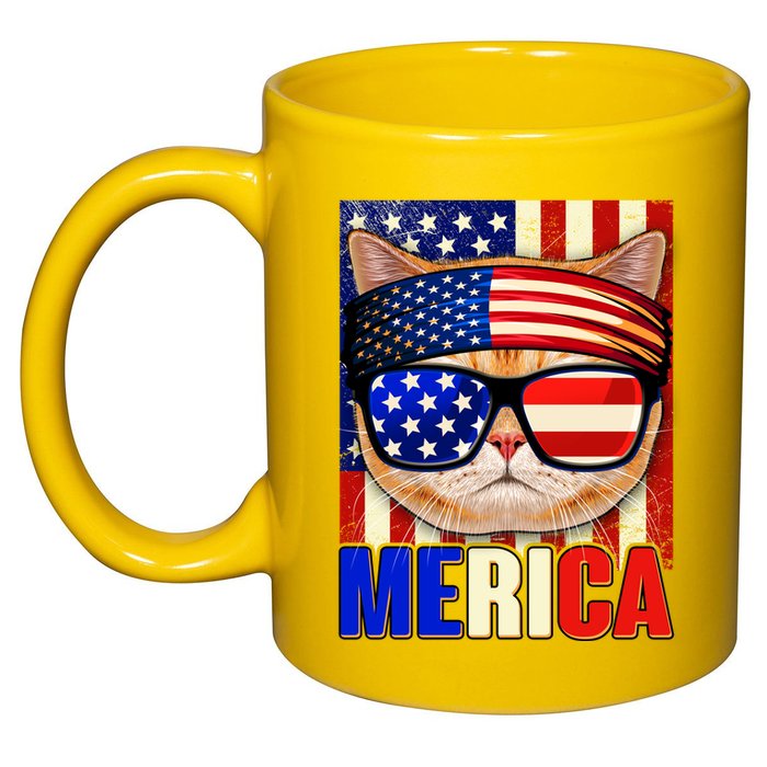 Funny American USA Flag Merica Cat 11oz C Handle Ceramic Mug