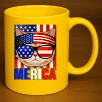 Funny American USA Flag Merica Cat 11oz C Handle Ceramic Mug