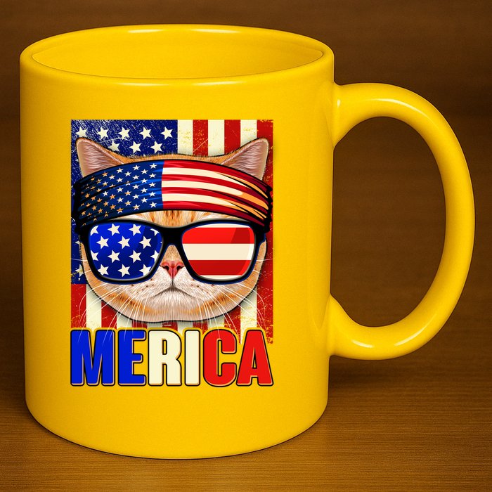 Funny American USA Flag Merica Cat 11oz C Handle Ceramic Mug