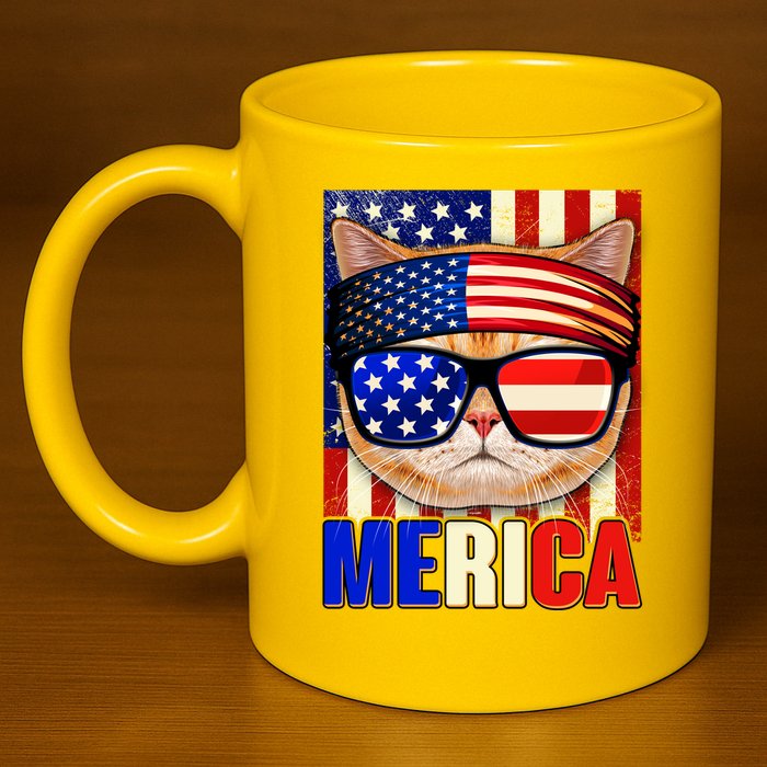 Funny American USA Flag Merica Cat 11oz C Handle Ceramic Mug