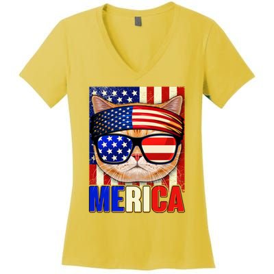 Funny American USA Flag Merica Cat Women's V-Neck T-Shirt