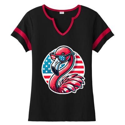 Flamingo American Usa Flag Sunglasses 4th Of July Flamingo Ladies Halftime Notch Neck Tee