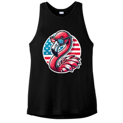 Flamingo American Usa Flag Sunglasses 4th Of July Flamingo Ladies PosiCharge Tri-Blend Wicking Tank