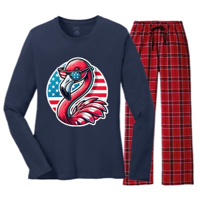 Flamingo American Usa Flag Sunglasses 4th Of July Flamingo Women's Long Sleeve Flannel Pajama Set 