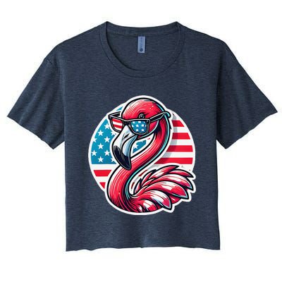 Flamingo American Usa Flag Sunglasses 4th Of July Flamingo Women's Crop Top Tee