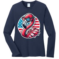 Flamingo American Usa Flag Sunglasses 4th Of July Flamingo Ladies Long Sleeve Shirt