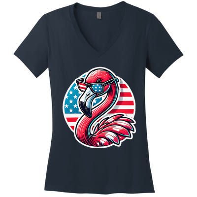 Flamingo American Usa Flag Sunglasses 4th Of July Flamingo Women's V-Neck T-Shirt