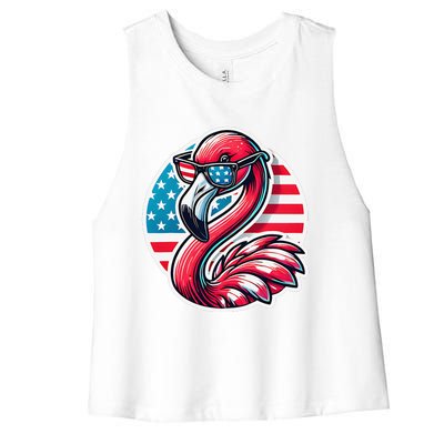 Flamingo American Usa Flag Sunglasses 4th Of July Flamingo Women's Racerback Cropped Tank