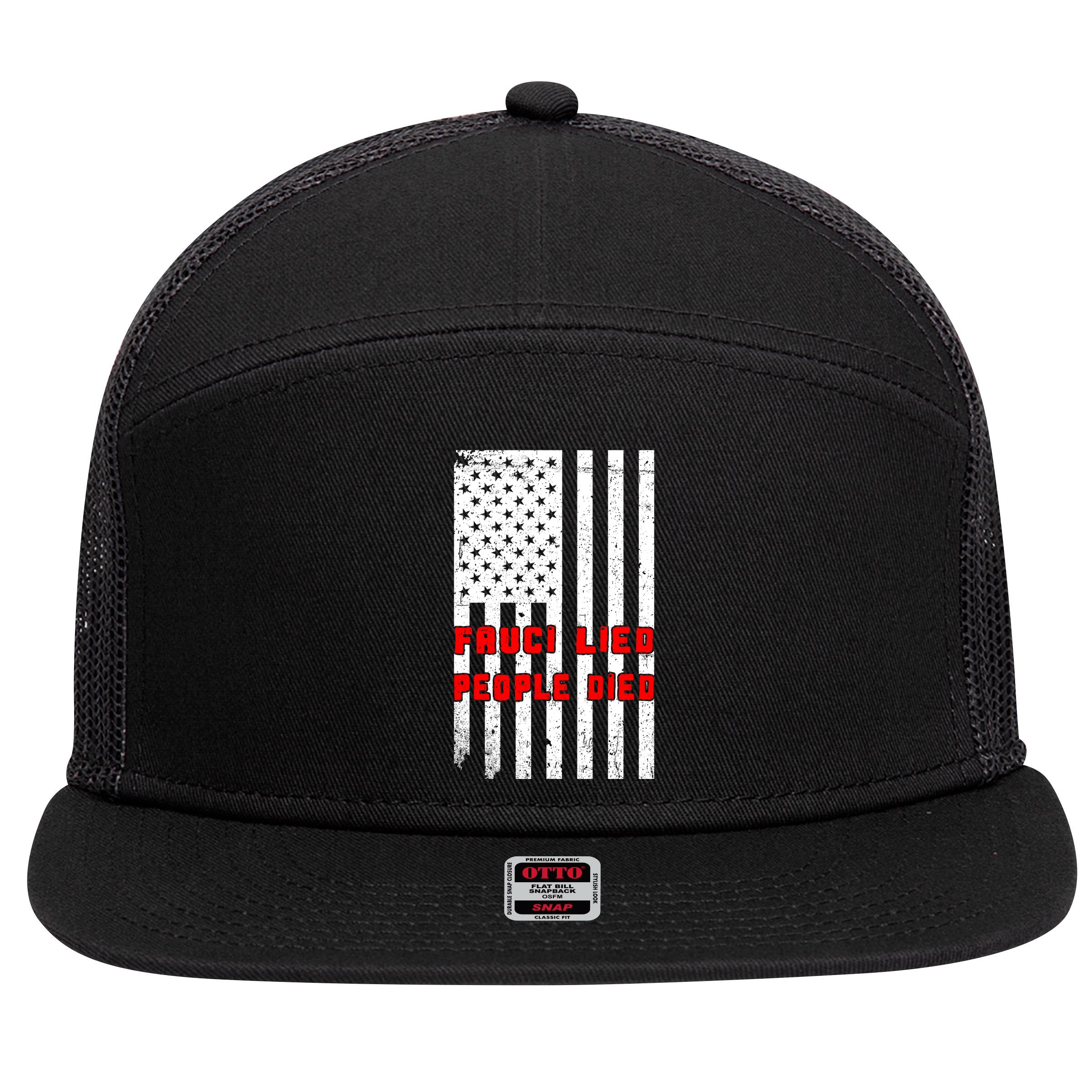 Fauci Lied People Died American Flag 7 Panel Mesh Trucker Snapback Hat