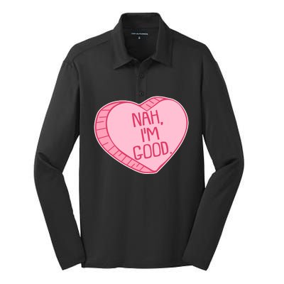 Funny Anti Valentines Day Nah I'm Good Candy Heart Silk Touch Performance Long Sleeve Polo