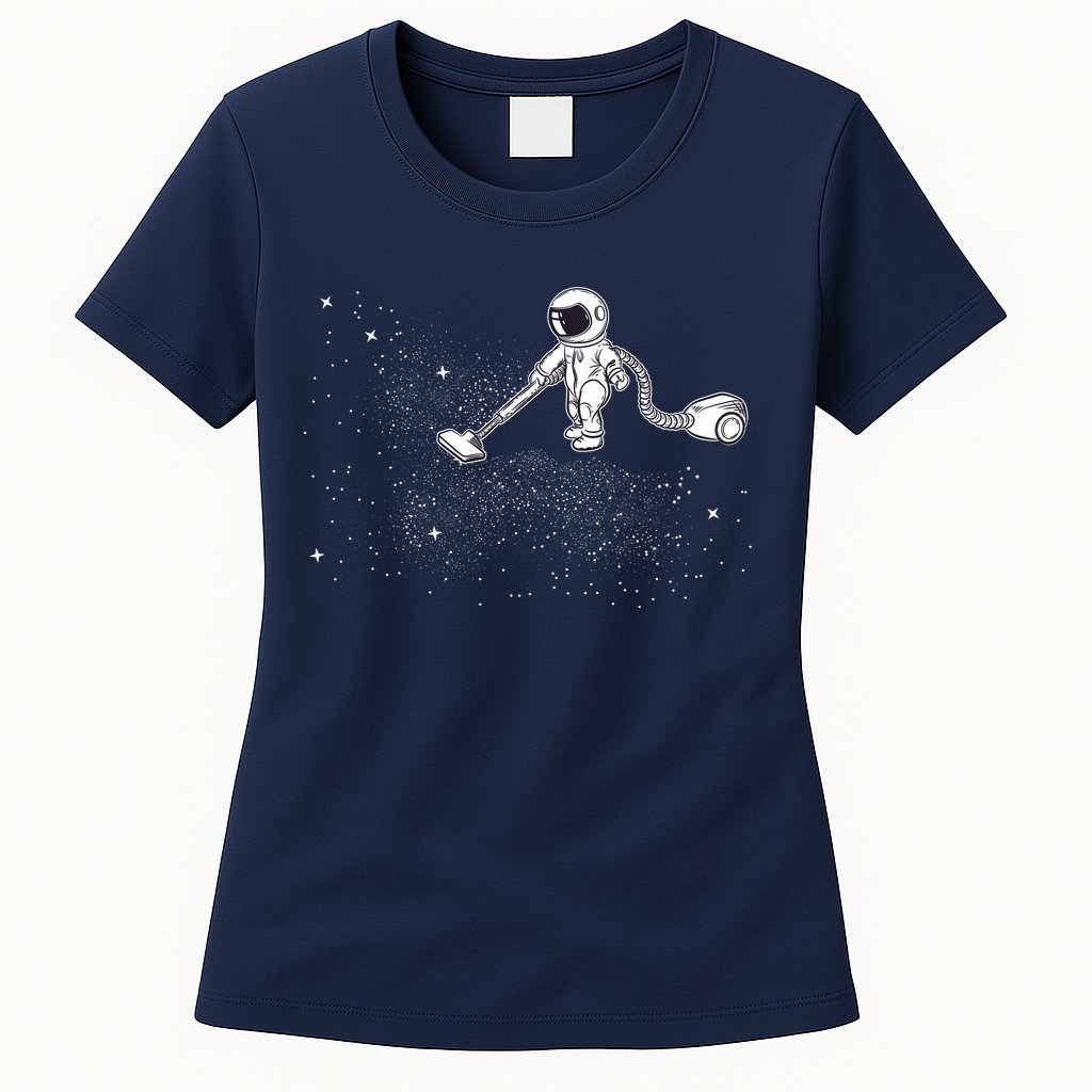 Funny Astronaut Vacuuming Galaxy Stars Womens T-Shirt