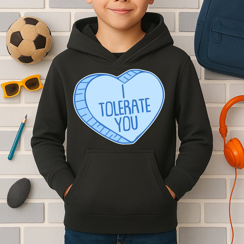 Funny Anti Valentines Day I Tolerate You Candy Heart Kids Hoodie