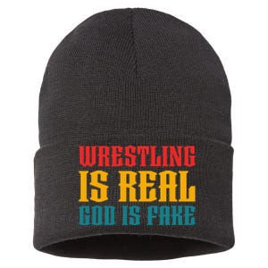 Funny Atheism Wrestling Is Real God is Fake  Sustainable Knit Beanie