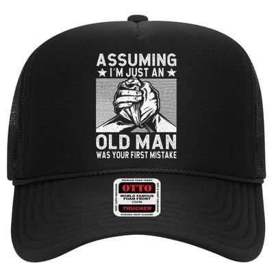 Funny Arm wrestling old man arm wrestler  High Crown Mesh Back Trucker Hat