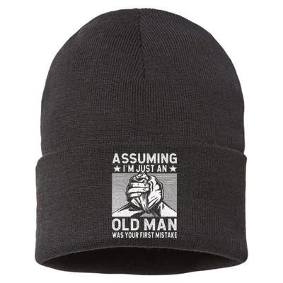 Funny Arm wrestling old man arm wrestler  Sustainable Knit Beanie