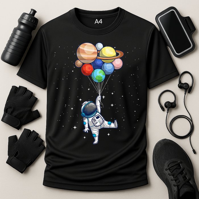 Funny Astronaut With Planets In Hand Performance Shirt